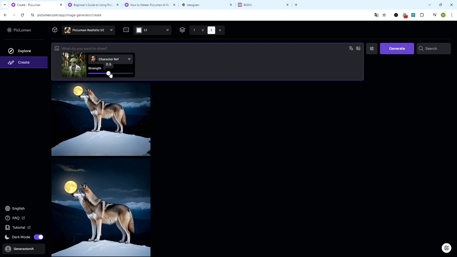 Configuración de intensidad de imágenes de referencia en PicLumen