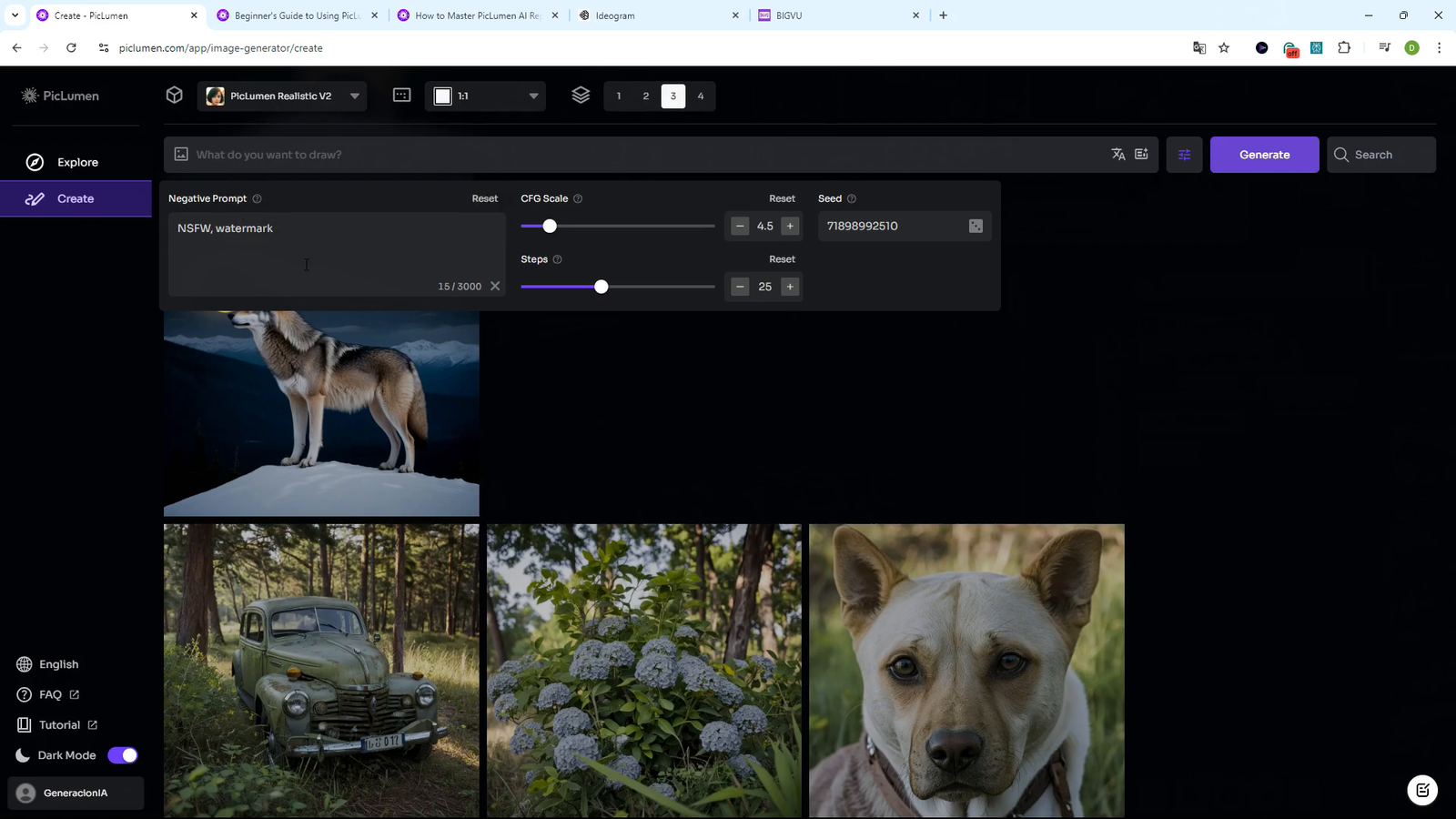 Configuración de prompt negativo en PicLumen